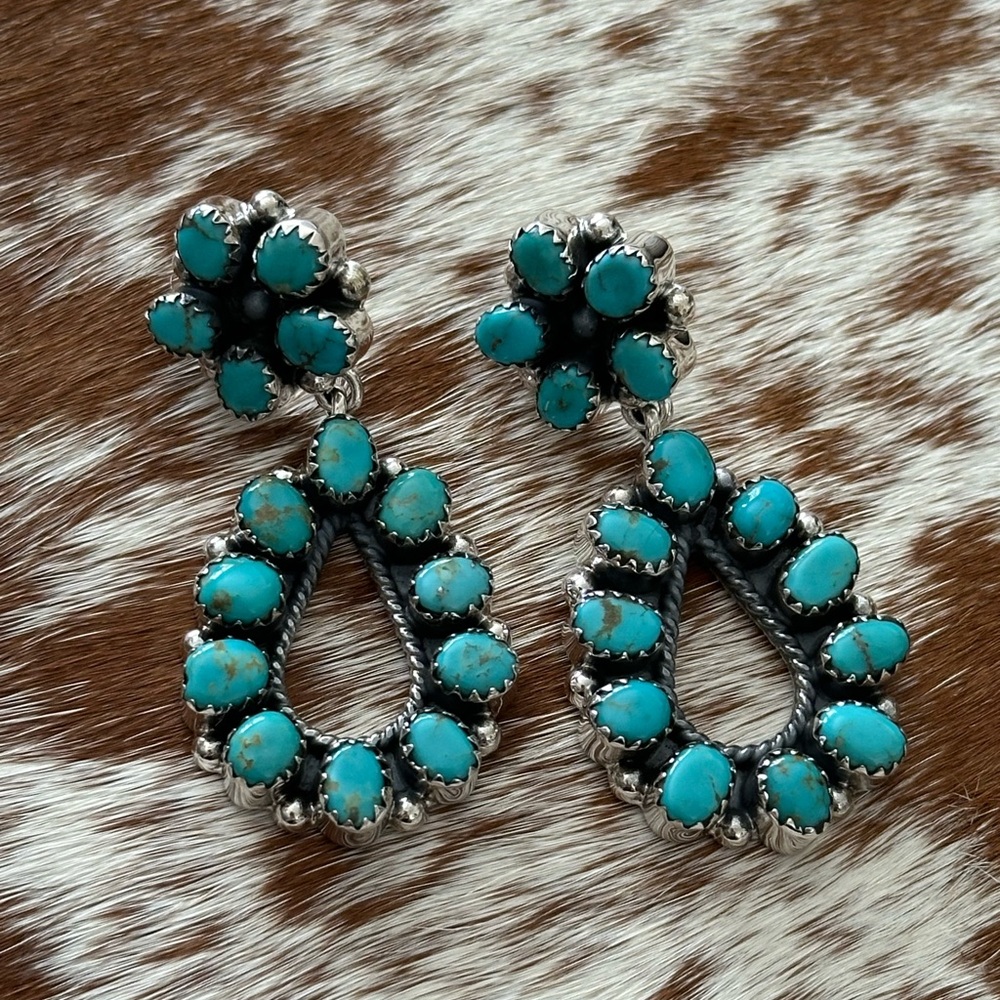 Kingman turquoise statement southwestern sterling silver earrings - Picture 4 of 7
